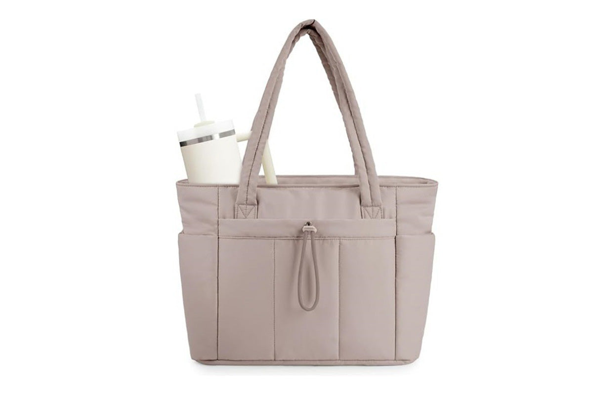 Women Handheld Tote Bag with Cup Holder Compartment and Luggage Sleeve for Travel Work