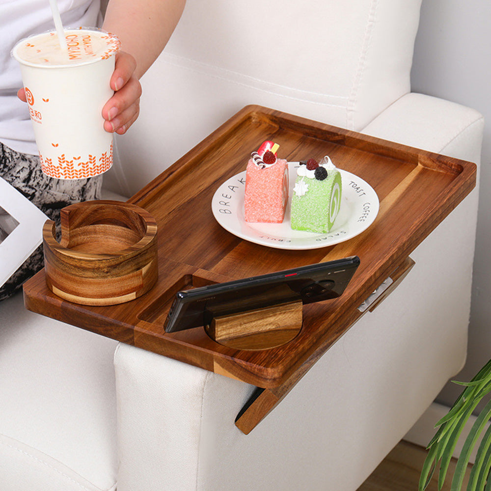 3-in-1 Wooden Sofa Arm Tray with Rotating Phone Holder and Cup Slot