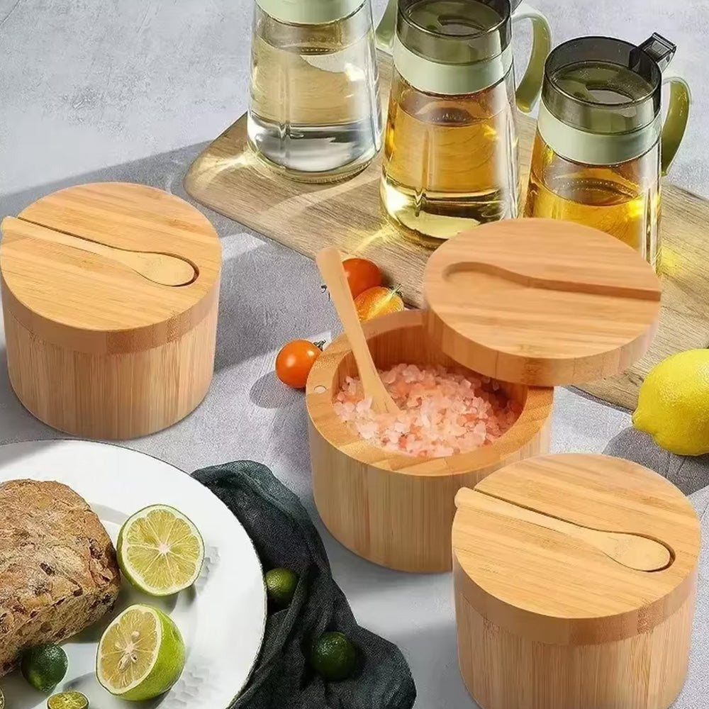 Kitchen Bamboo Salt Cellar with Swivel Lid  for Salt Pepper Sugar Herbs Spice with Spoon