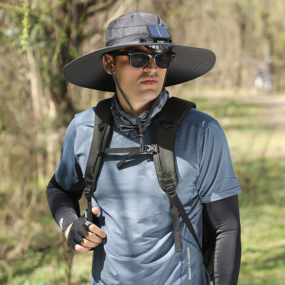 Outdoor Wide Brim Sun Hat with 2 Solar Fans Fans