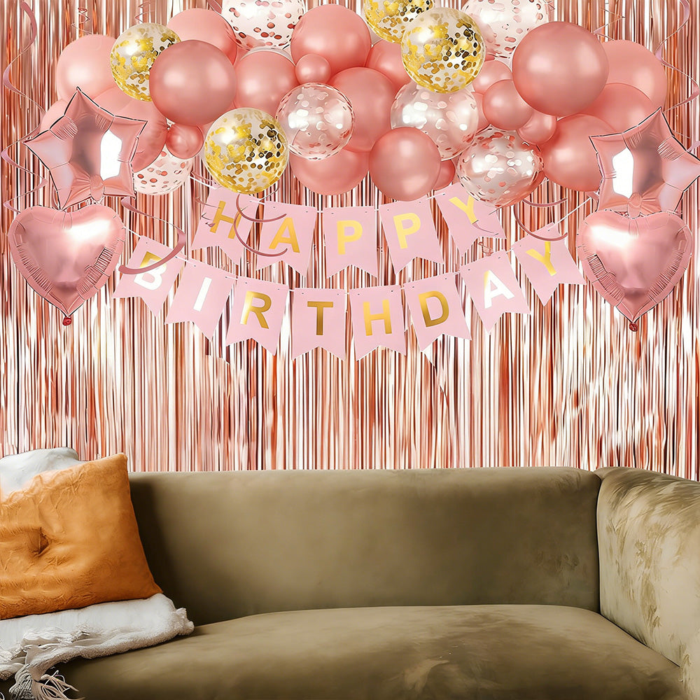 Rose Gold Happy Birthday Party Decorations Set Banner Foil Balloons Curtain Backdrop for Women Girls
