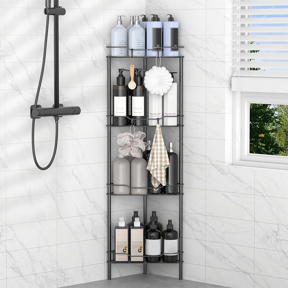 4 Tier No Drill Corner Shower Shelf with Hooks