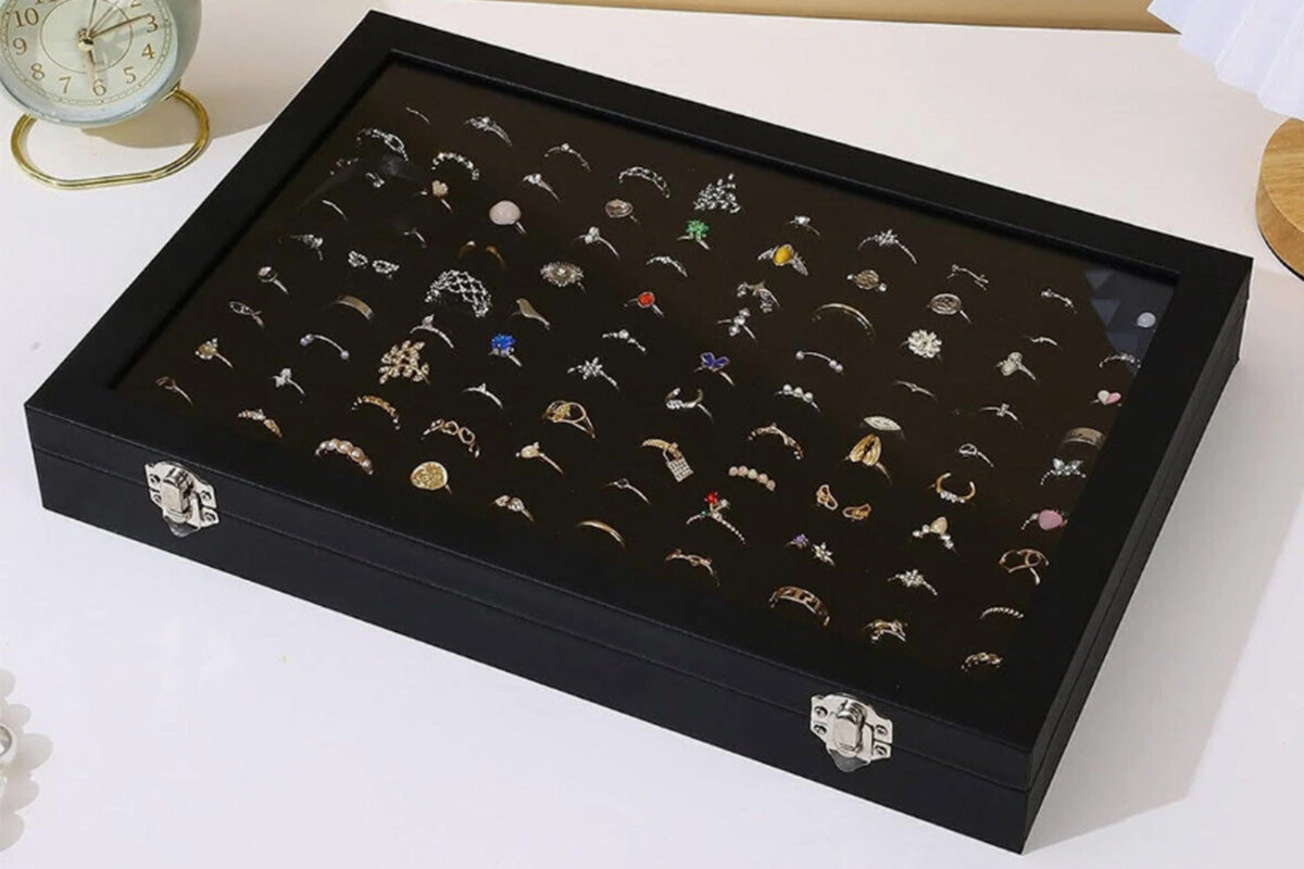 100 Slots Jewelry Ring Display Organizer Box with Glass Lid Earring Storage Tray