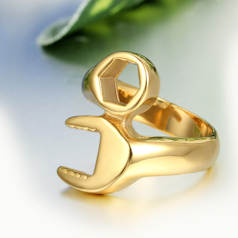 Stainless Steel Wrench Shaped Industrial Punk Ring for Men and Women-Gold