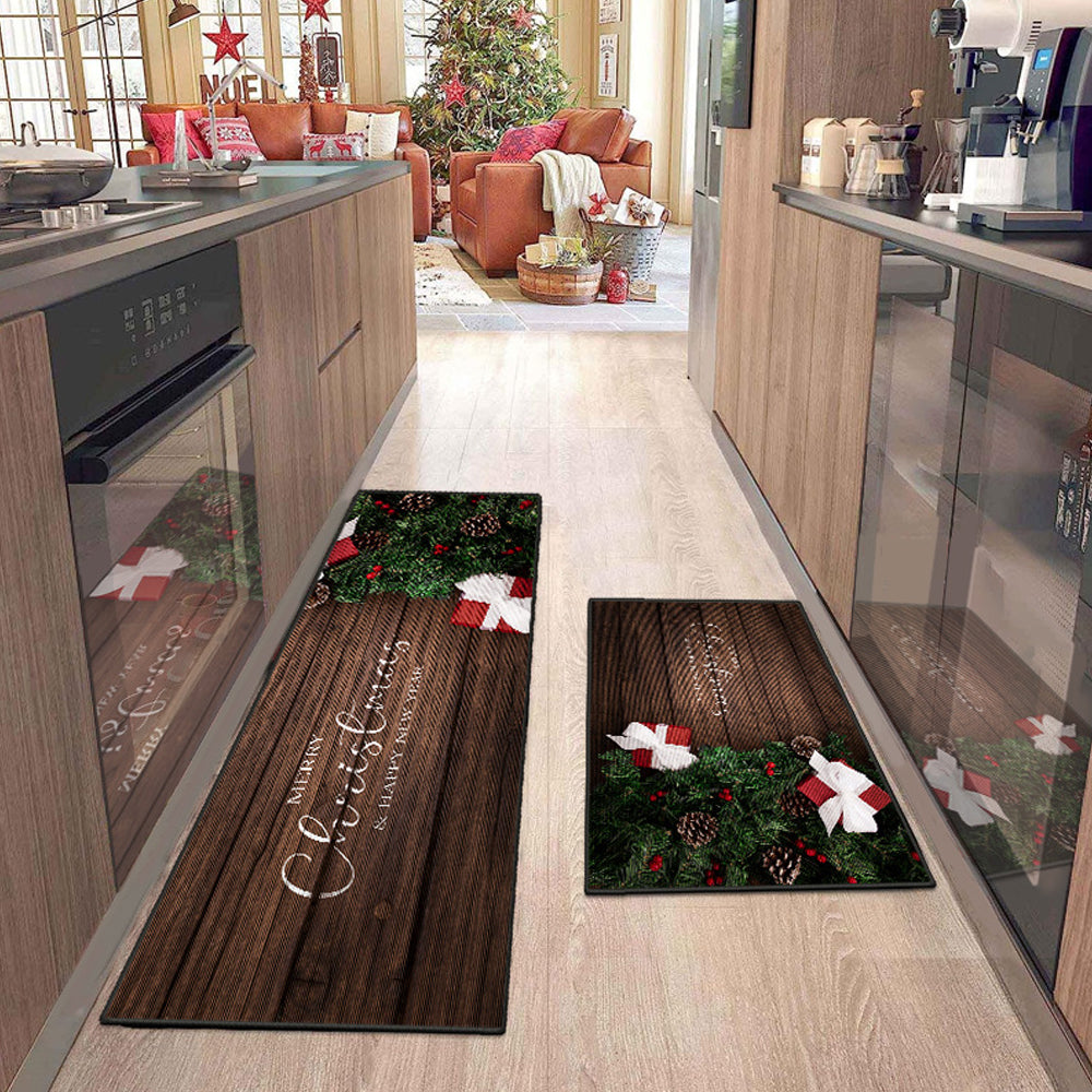 2Pcs Christmas Kitchen Washable Rectangular Floor Mat