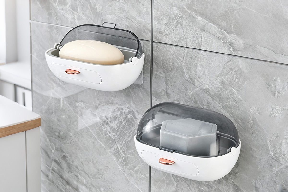 2pcs Soap Dish with Drip Tray Self-Adhesive Wall-Mounted Drain Tray Bar Soap Holder