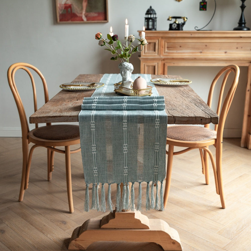 Vintage Farmhouse Woven Table Runner with Tassel for Dining Room Kitchen Reading Dresser