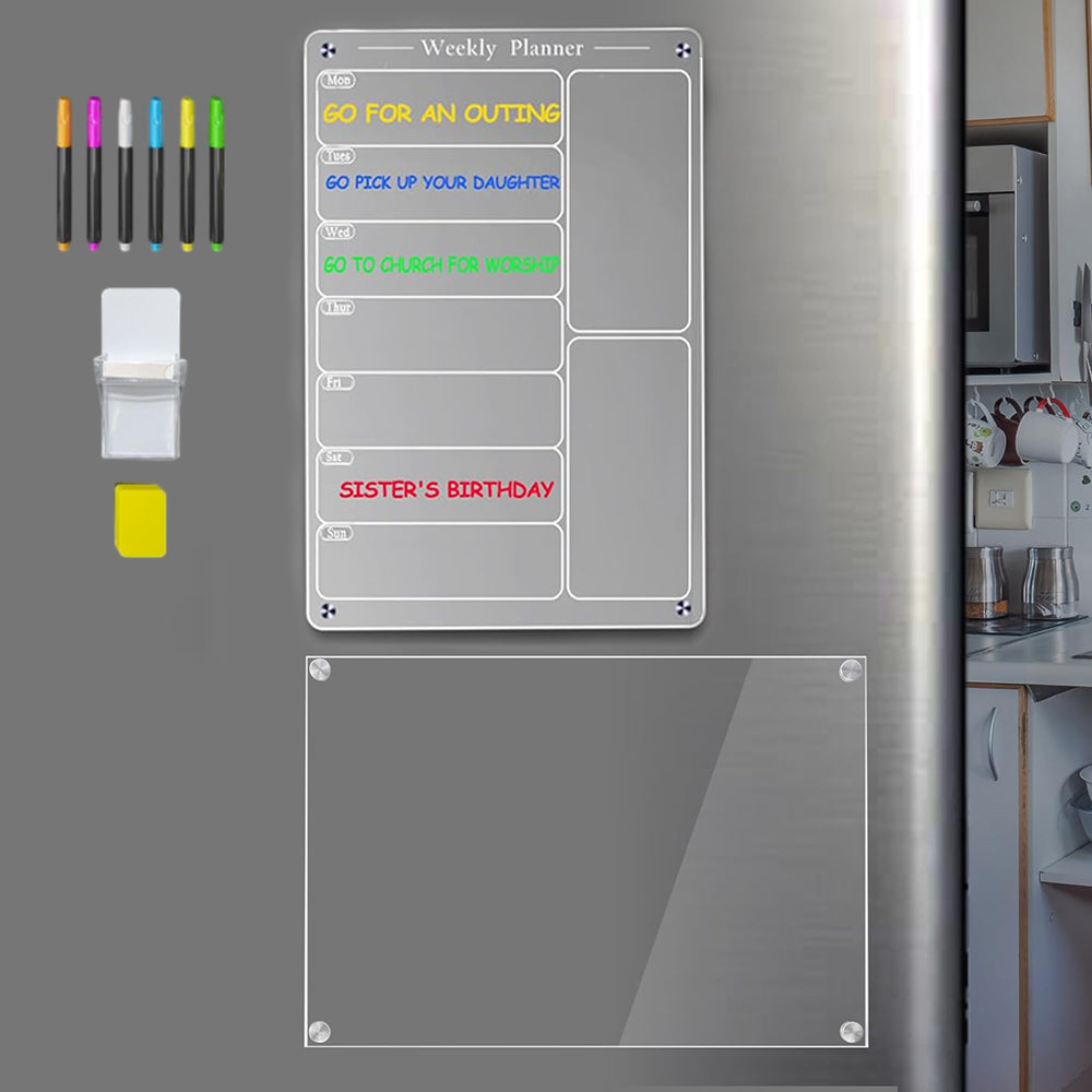 Clear Acrylic Meal Planner Magnetic Menu Board for Fridge with 6 Marker Pens