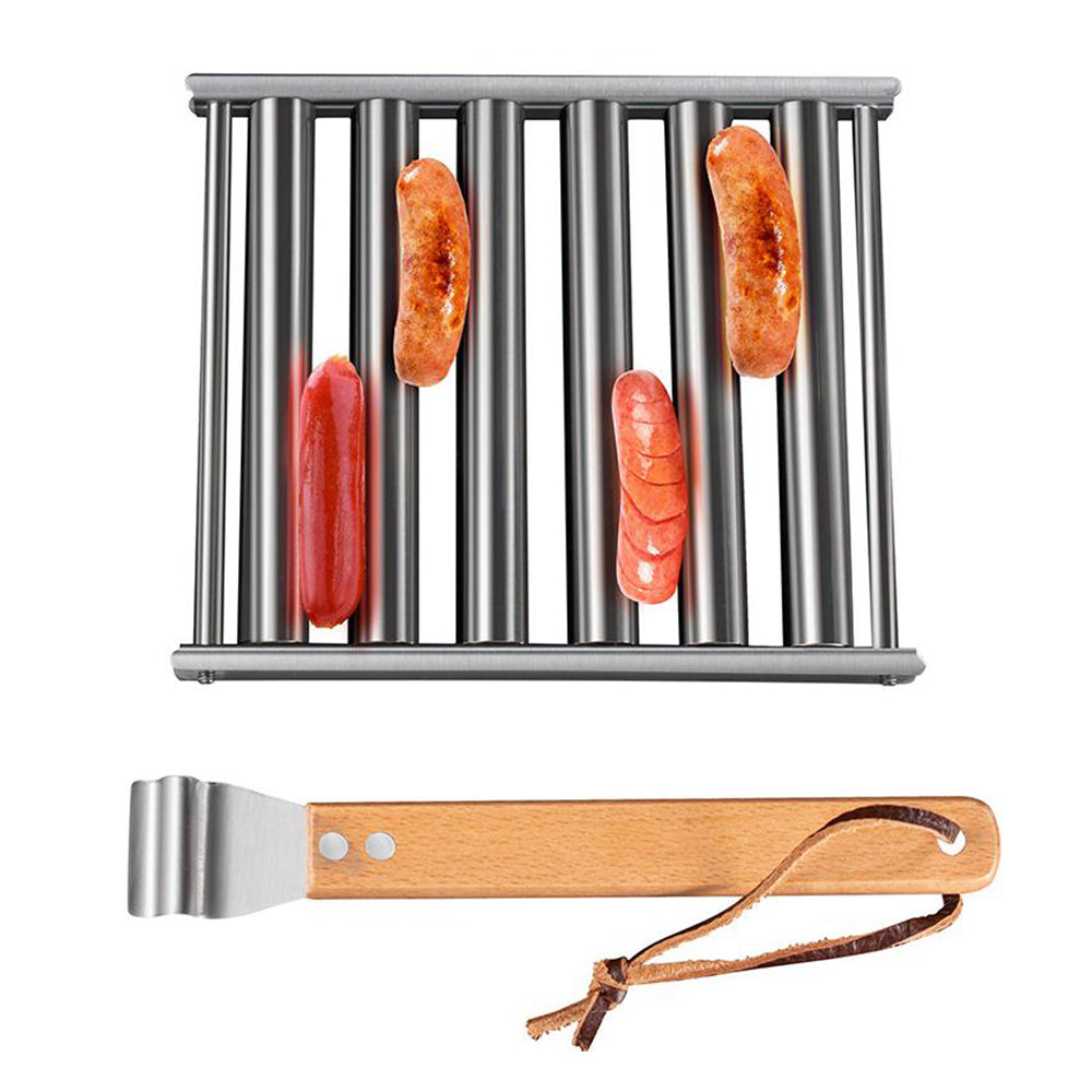 Stainless Steel Hot Dog Grill with Wooden Handle and 4 BBQ Skewers