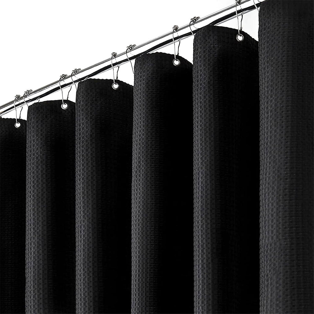 Waffle Weave Water Resistant Shower Curtain with 12 Rustproof Rings-Black