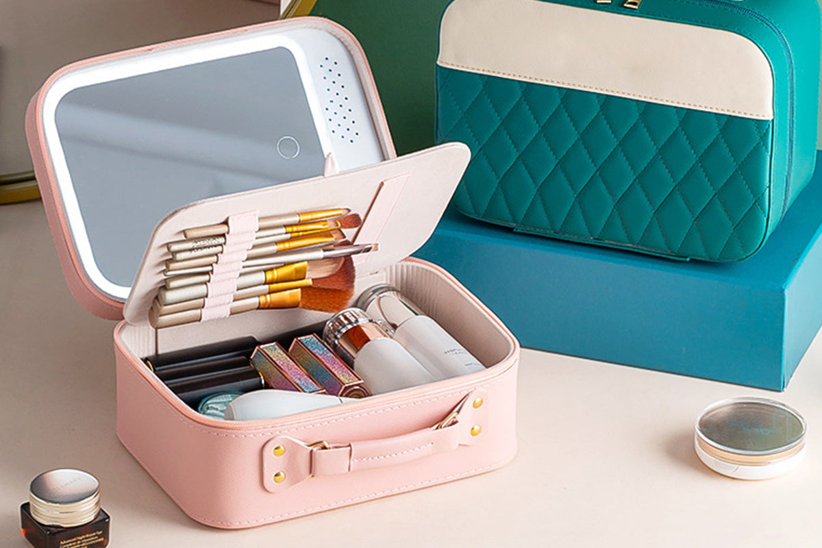 LED Mirror Makeup Case Hard Shell Rechargeable Lighted Cosmetic Organizer