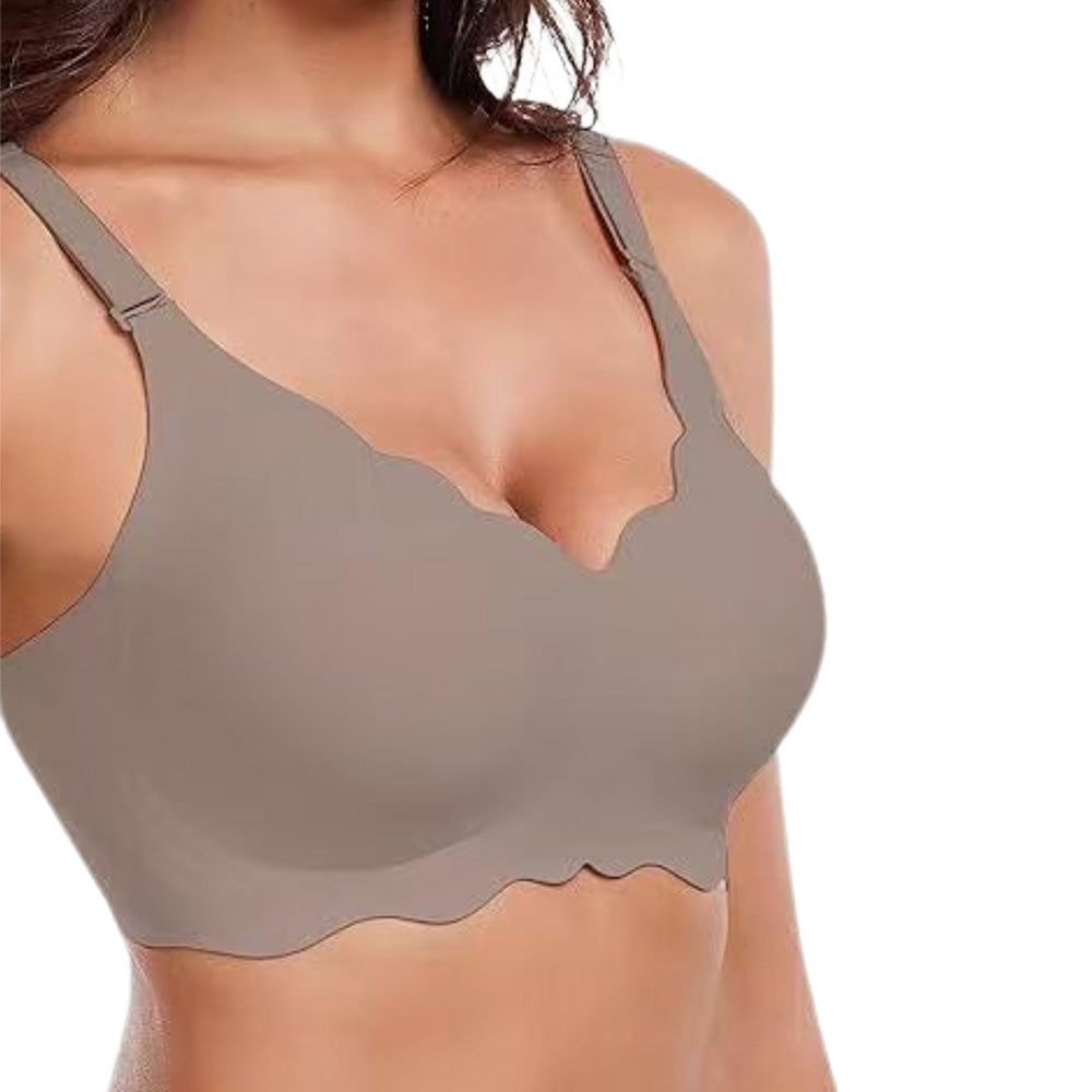 Wireless Bra Soft High Elastic V Neck Wavy Trim-Grey