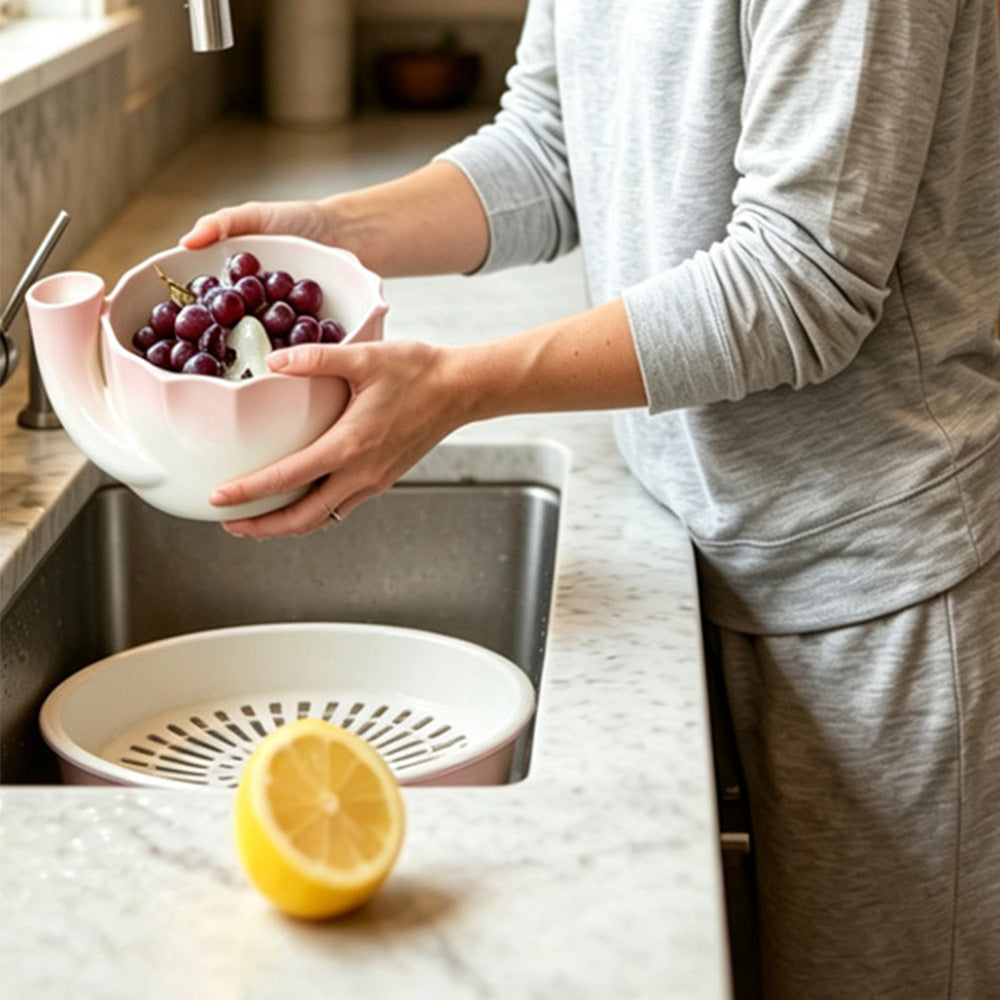 Self-Spinning Ceramic Berry Washing Bowl Set with Drain Holes and 2 Fruit Forks for Cleaning Berries