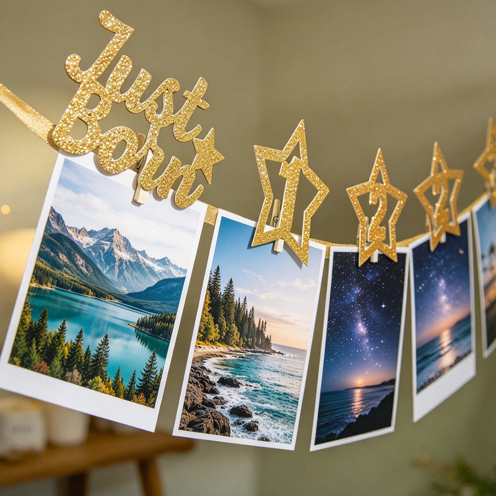 2 Pack 1 to 12 Month Glitter Star Photo Banner for First Birthday Party