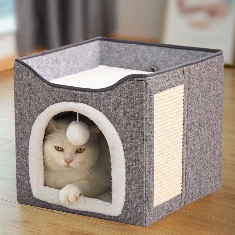 Foldable Cat Condo 2 Layer Cat Cube Box Kitten Cave with 2 Cosy Cushion