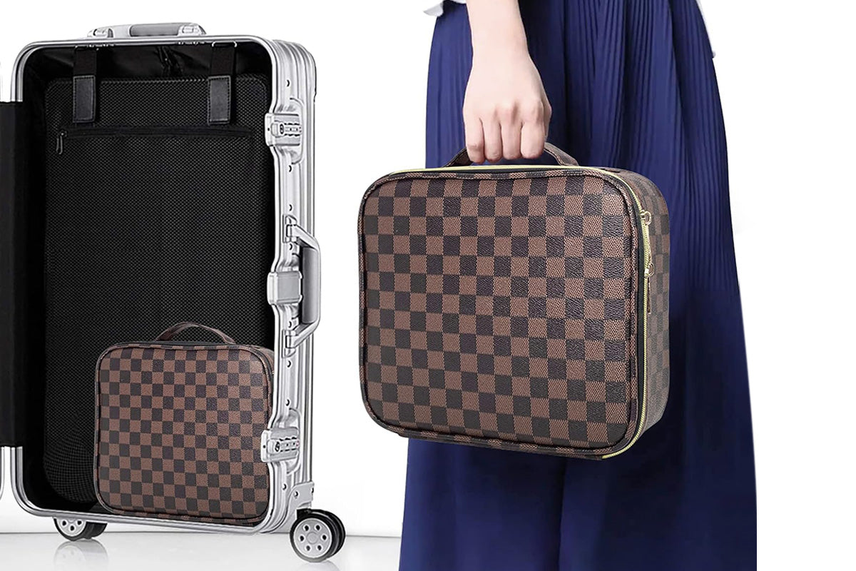 Checkered Makeup Bag Travel Cosmetic Bags Adjustable Partition Toiletry Organizer