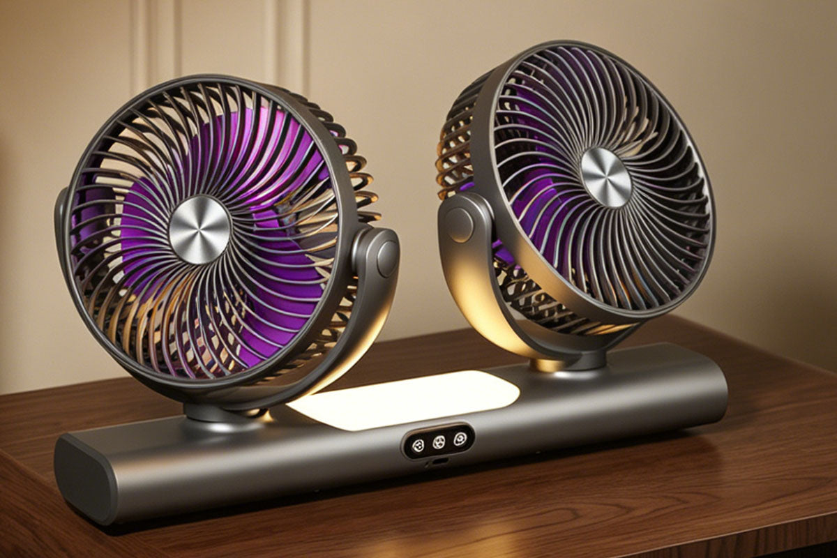 Dual Heads Rechargeable Hanging Fan 3 Speeds Fan with Night Light