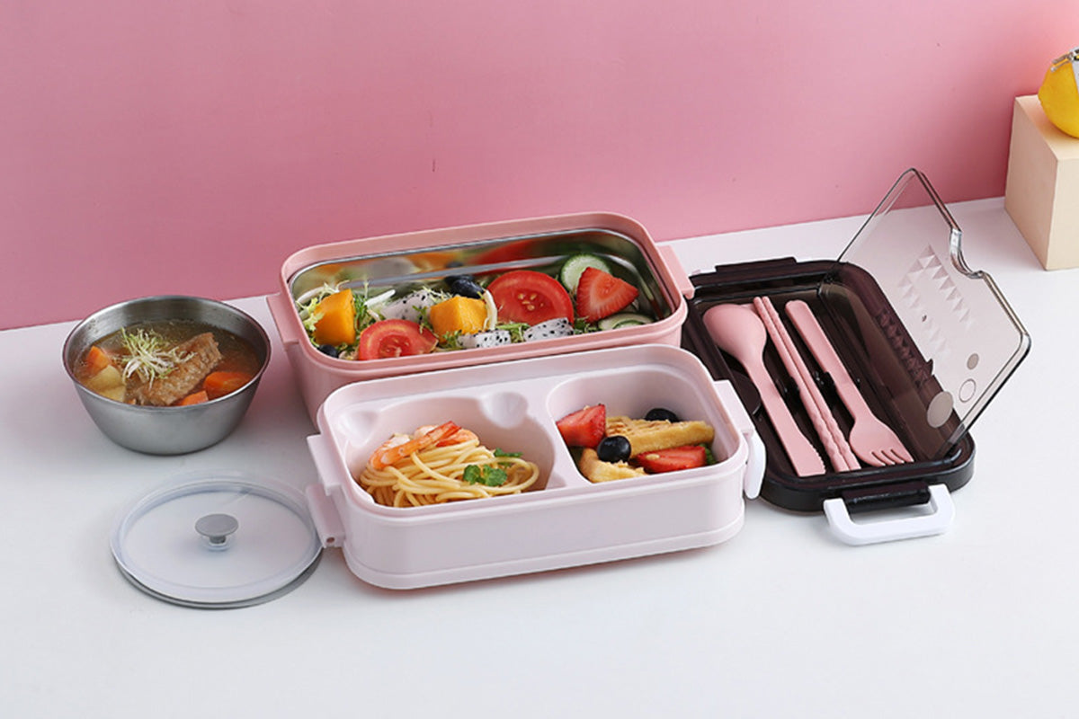Bento Box Stackable 3-Compartment Lunch Containers With Dinnerware And Seal Cover