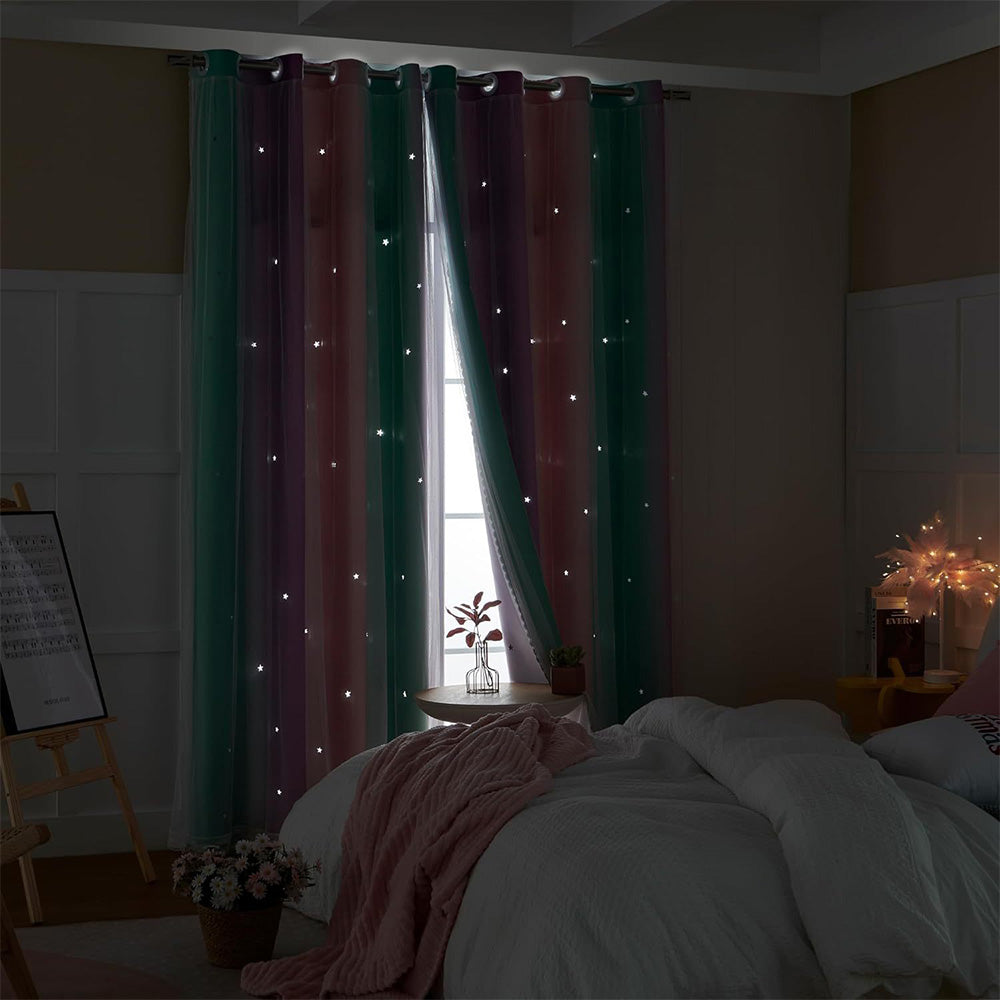Colorful Double-Layer Blackout Curtain for Bedroom Decor with Laser-Cut Star Design