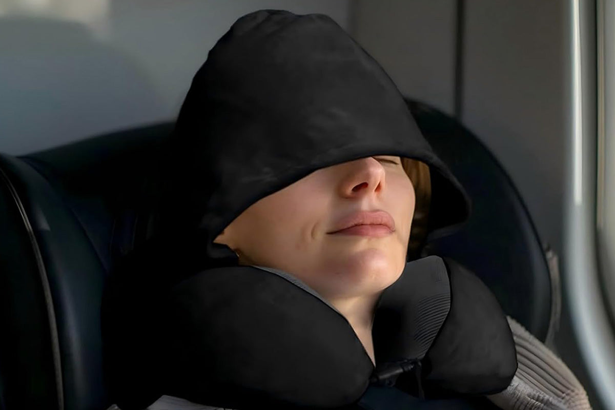 Hooded Travel Pillow with 3D Eye Masks Memory Foam Neck Pillow for Airplane Sleeping