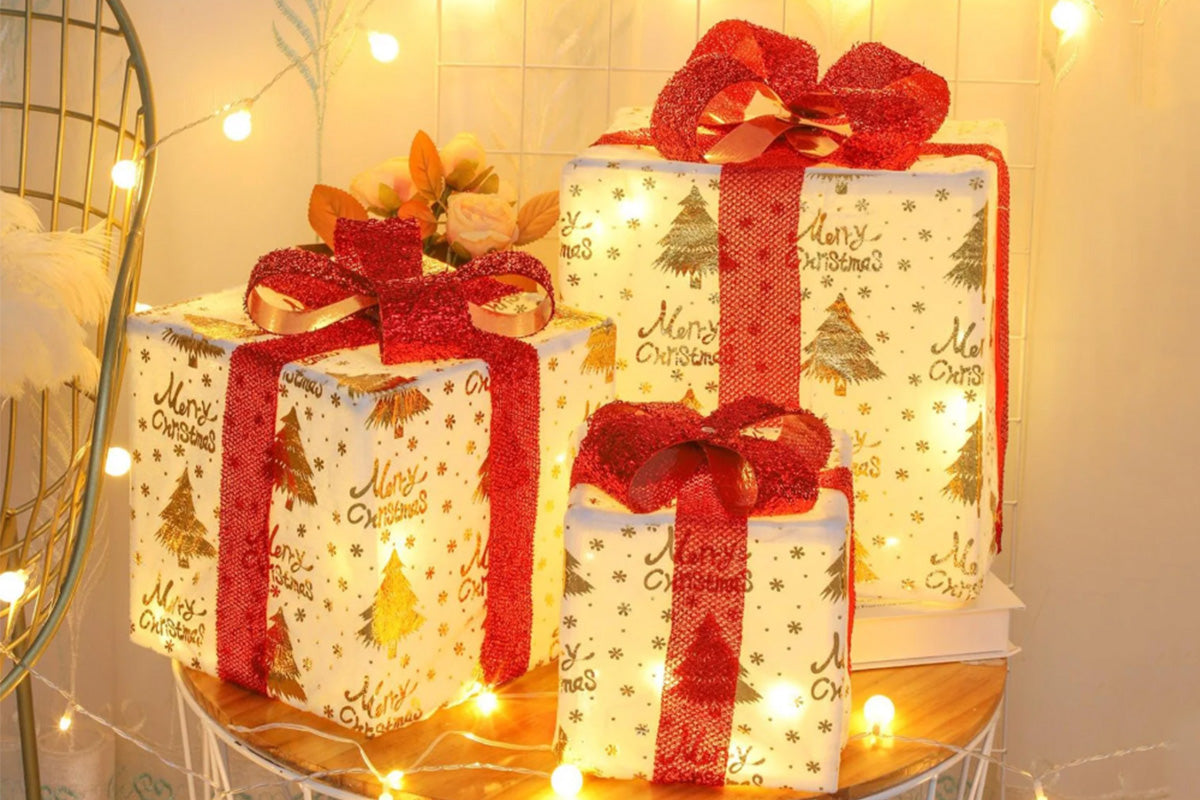3PCS Christmas Lighted Gift Boxes With 8 Modes For Holiday Indoor Outdoor Decorations