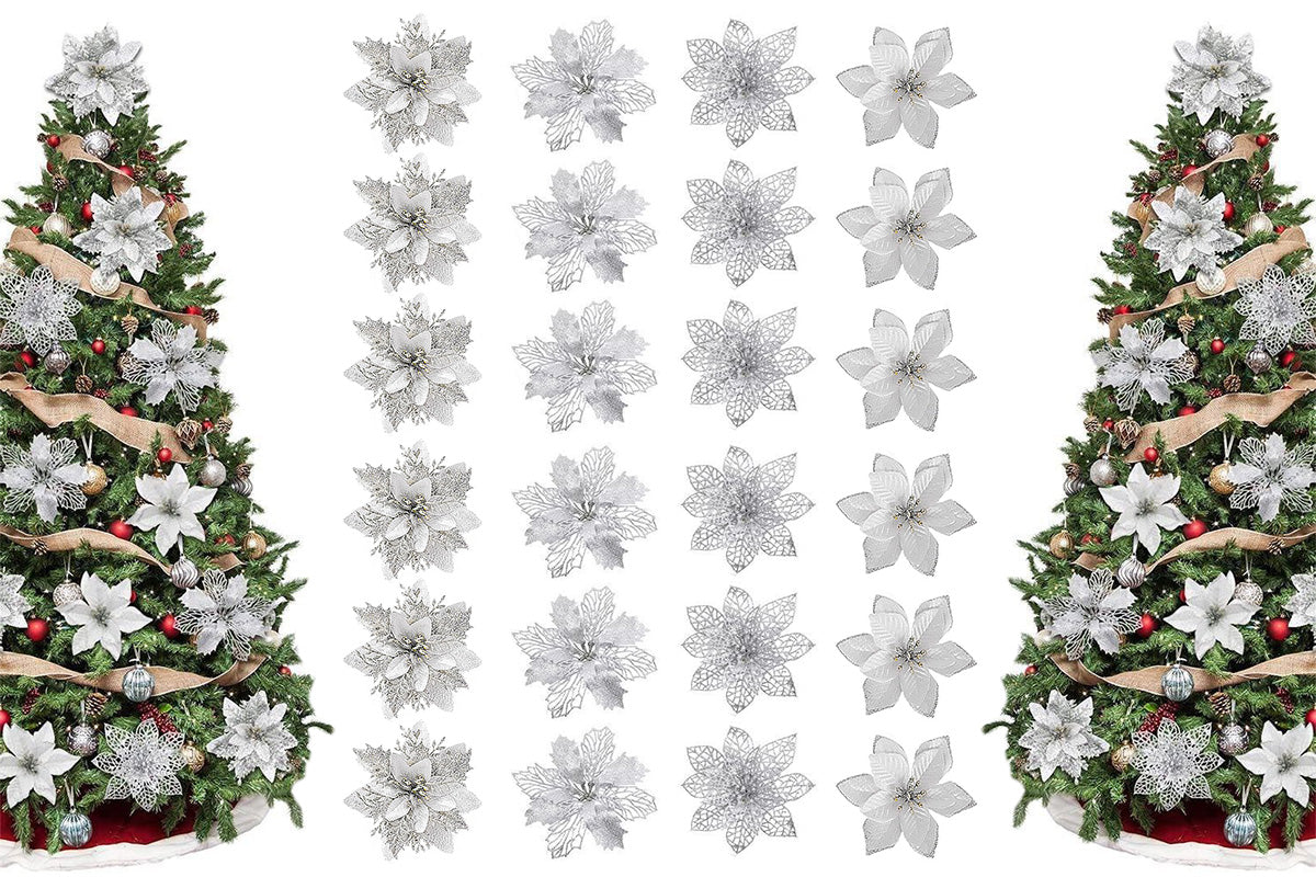 24Pcs Artificial Flowers Christmas Tree Decorations for Wreath Fireplace Stairs
