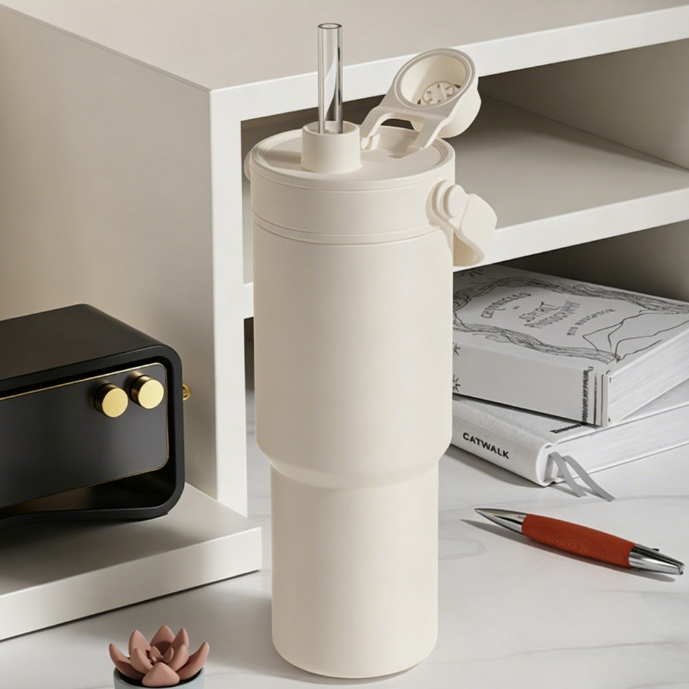 Dual Lid Tumbler with Straw 735ml Large Capacity Vacuum Insulated Water Bottle