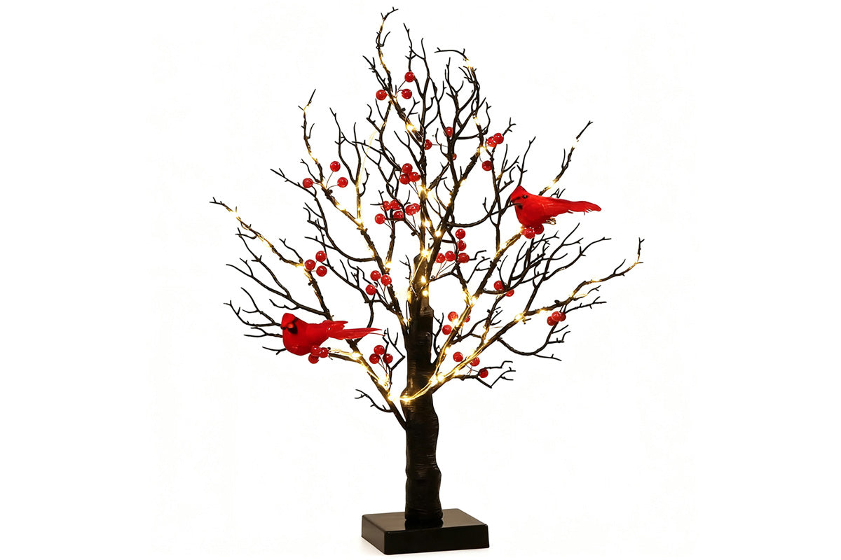 LED Vintage Christmas Tree with Red Cardinals and Warm White Glow
