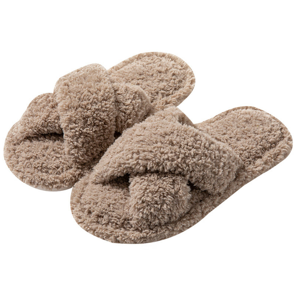 Women Fuzzy Cross Band Slippers Plush Indoor House Shoes Non Slip-Coffee