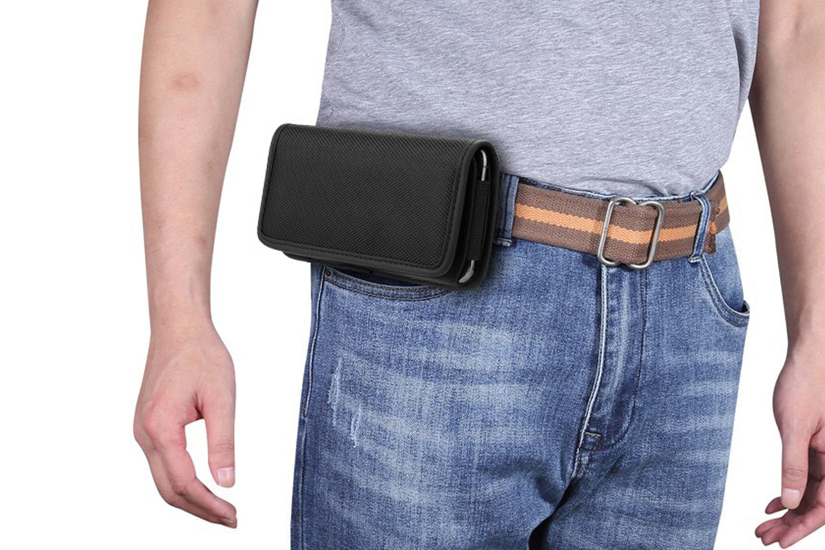 Universal Black Oxford Cloth Phone Waist Pouch with Belt Clip and Card Holder Compatible with Most Smartphones