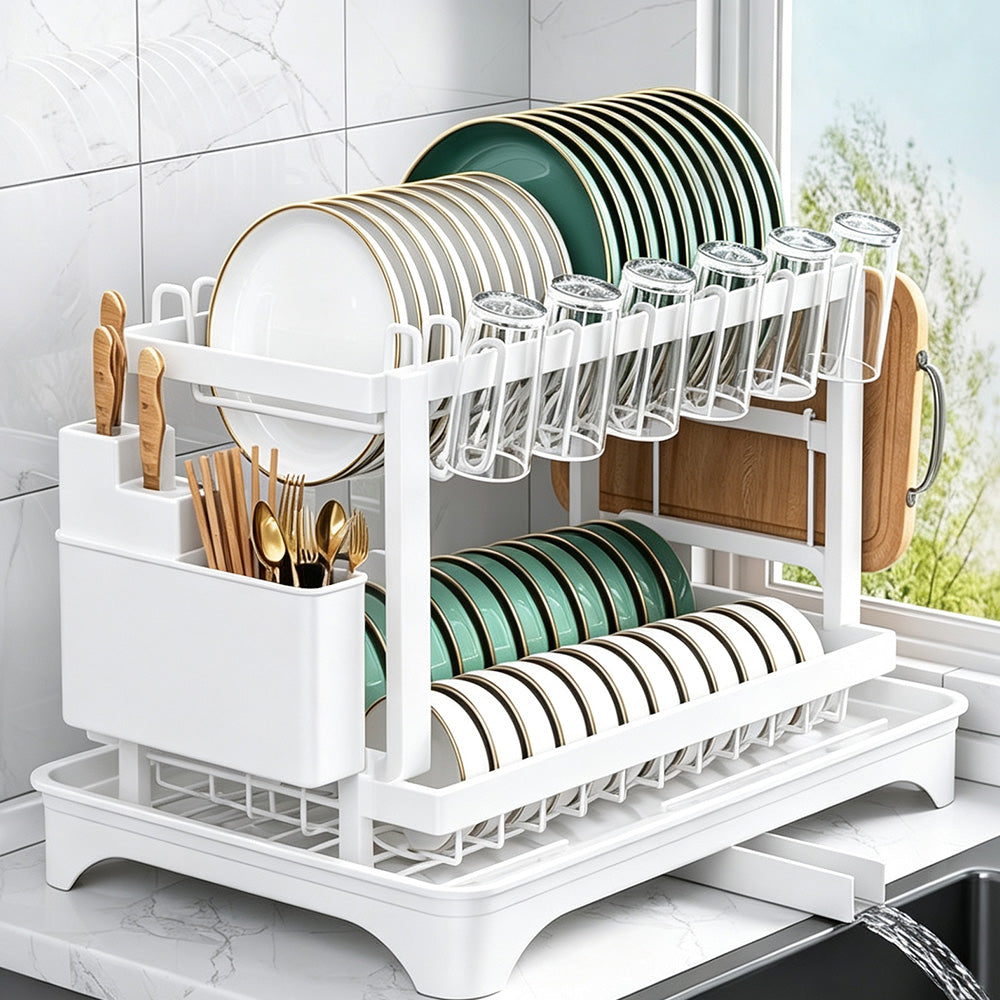 Two-Tier Carbon Steel Dish Drying Rack with Divided Storage