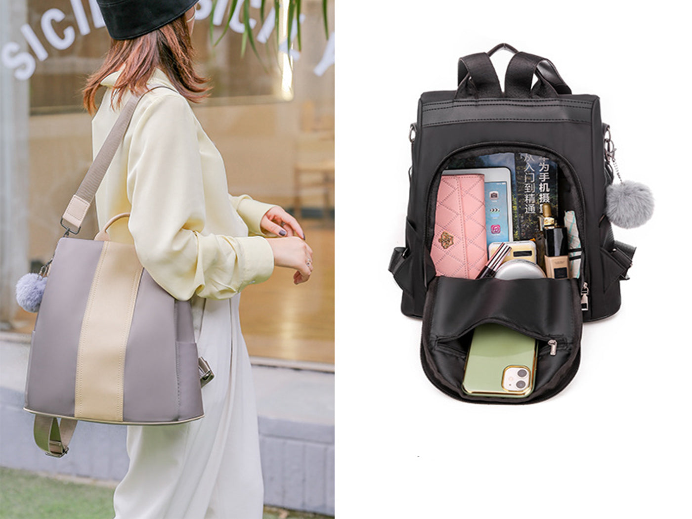 2-in-1 Backpack Shoulder Bag with Pom Pom