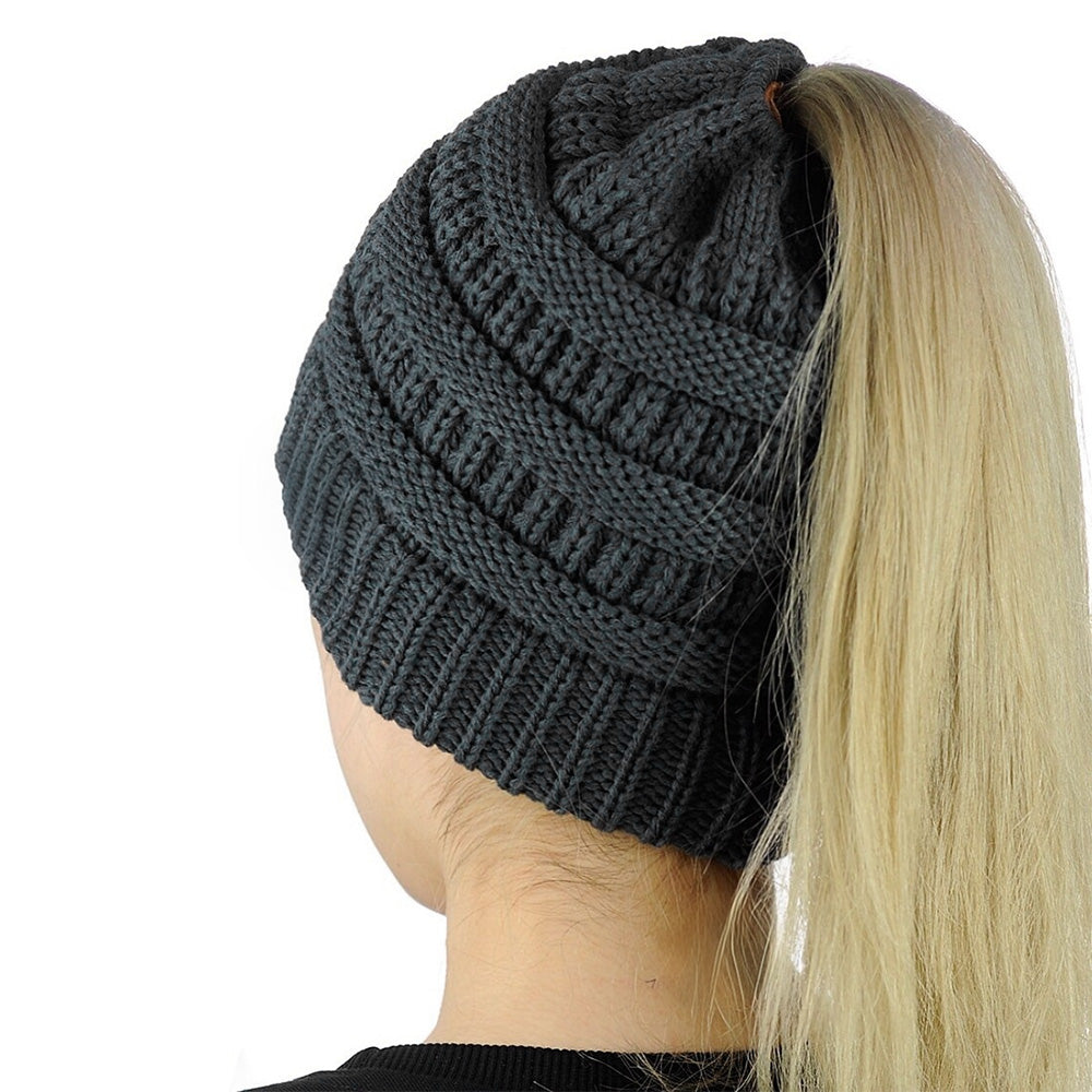 Women Girls Winter Cable Knit Ponytail Beanie High Bun Crochet Hat