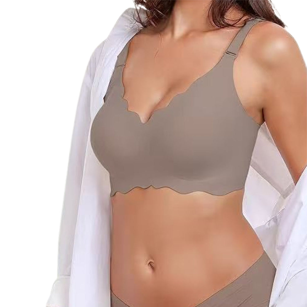 Wireless Bra Soft High Elastic V Neck Wavy Trim-Grey