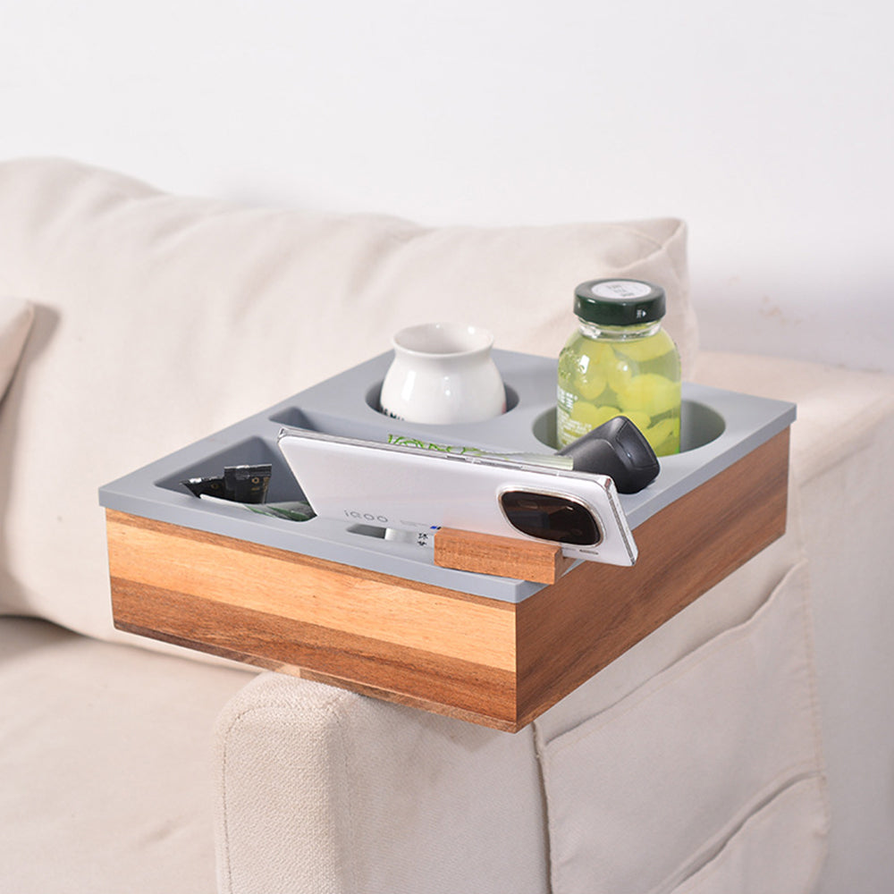 Handy Silicone Bamboo Couch Cup Snack Storage Tray with Rotatable Phone Holder
