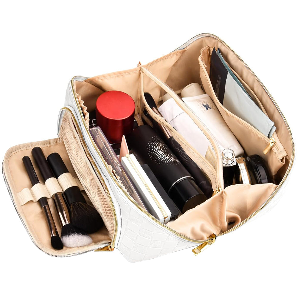 Large Capacity PU Leather Water-Resistant Checkered Cosmetic Bag Travel Makeup Bag