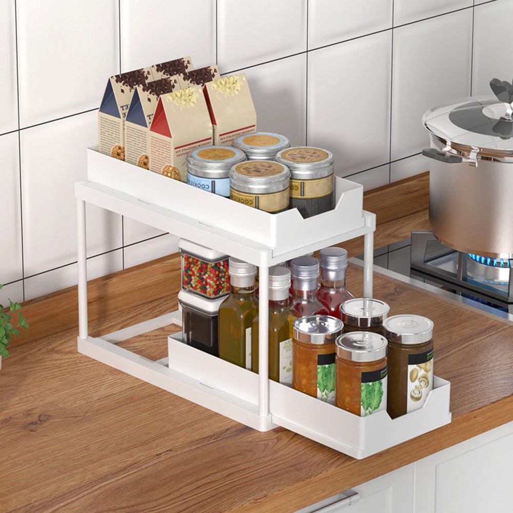 2 Tier Bathroom Cabinet Shelf Organizer Double Sliding Storage Rack with Hook