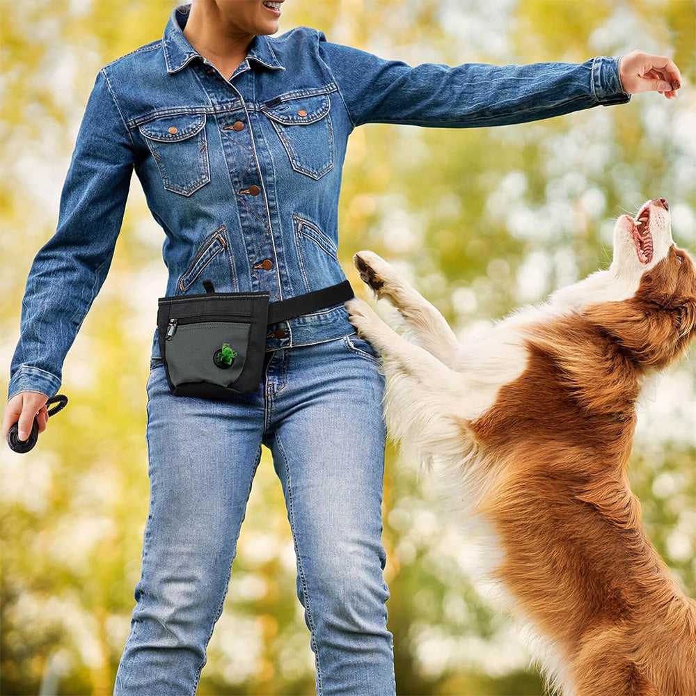 Hands-Free Dog Treat Pouch with Adjustable Belt and Quick Access Waste Bag Dispenser