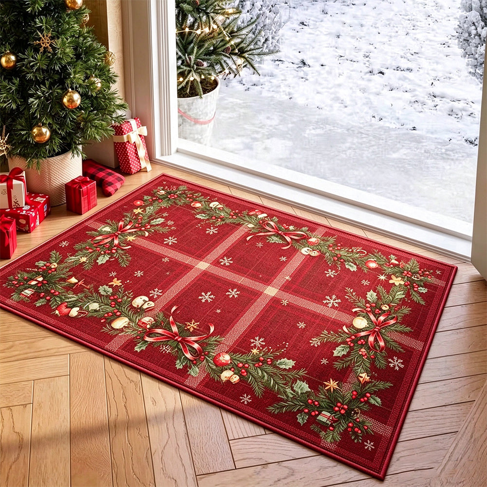 Christmas Polyester Crystal Velvet Floor Mat with TPR Non Slip Back-Red