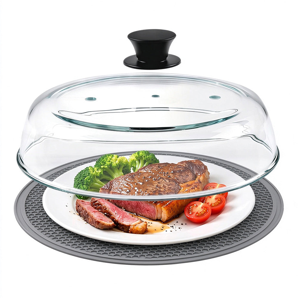 Microwave Glass Splatter Cover with Silicone Trivet Dual Vents and Handle
