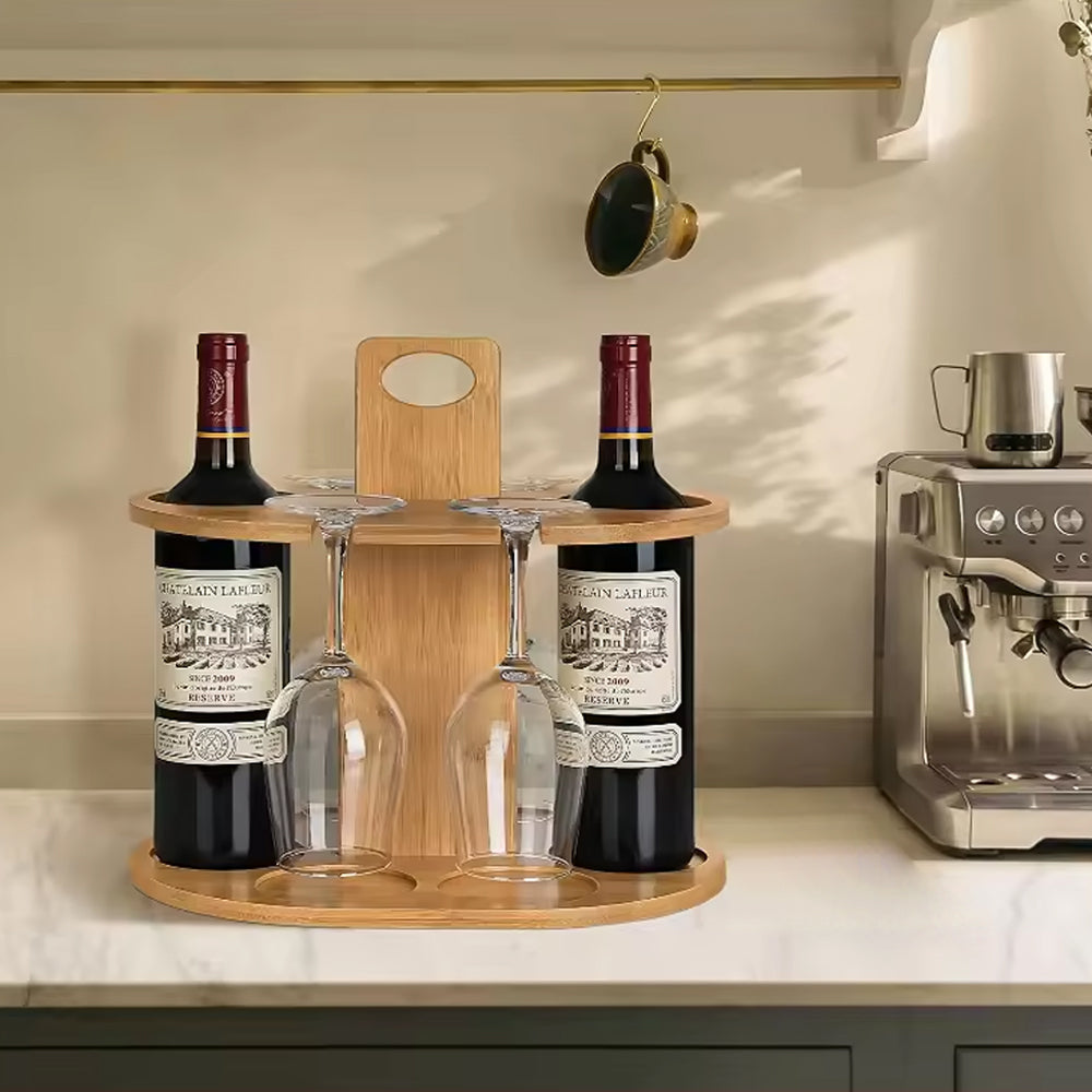 Bamboo Wine Storage and Display Rack Holds 2 Bottles and 4 Glasses