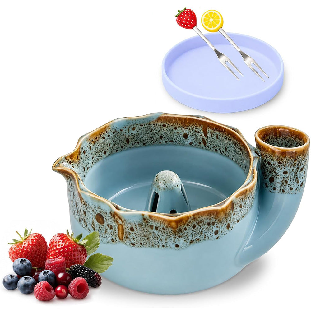Self-Spinning Ceramic Berry Washing Bowl Set with Drain Holes and 2 Fruit Forks for Cleaning Berries