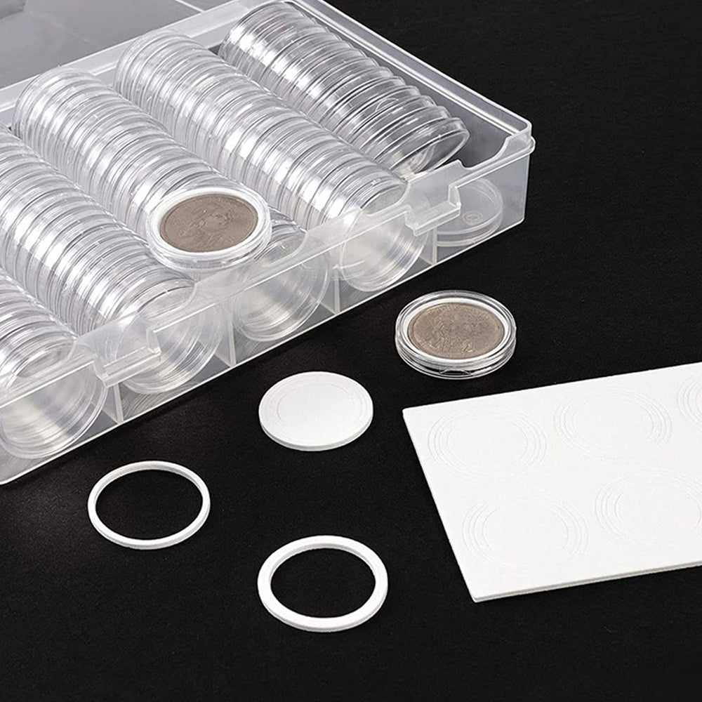100Pcs Plastic Coin Capsules with Storage Box and Foam Gasket