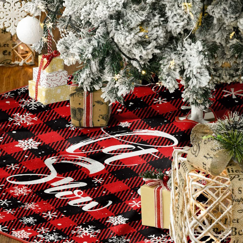 90/122CM Plaid Red-Black Christmas Tree Skirt with White Snowflake-Style 1