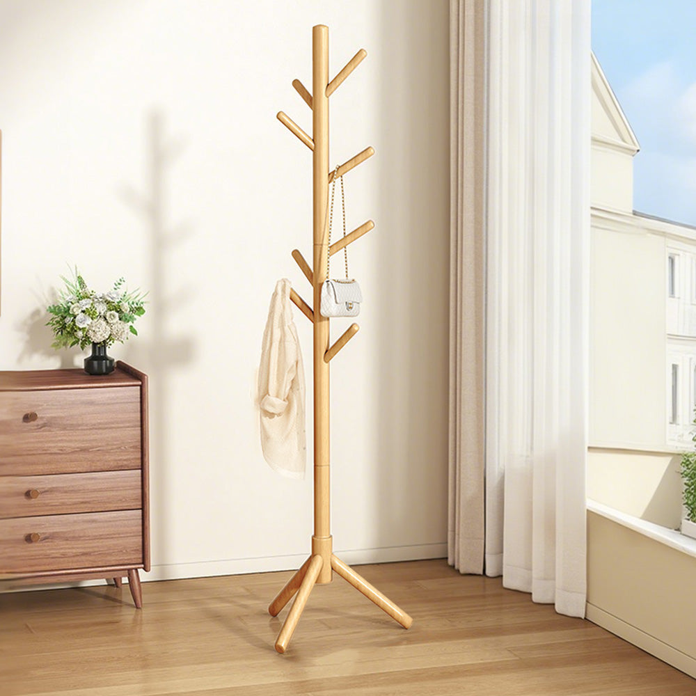 Solid Wood Freestanding Coat Rack with 8 Hooks Tripod Base for Bedroom Entryway