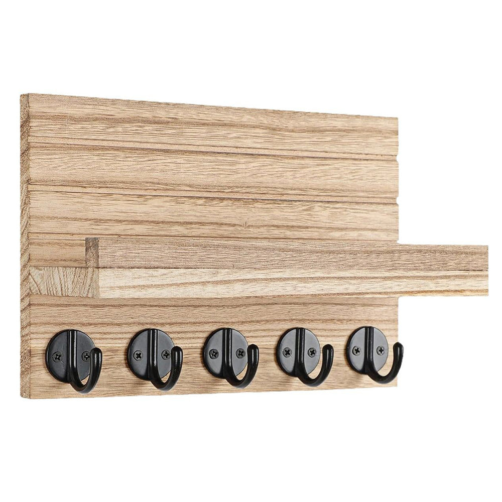 Rustic Wall-Mounted Entryway Organizer - Wooden Mail & Key Holder with Hooks
