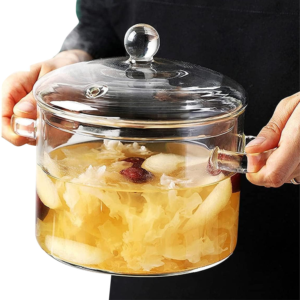 Glass Cooking Pot Double-Handled Heat-Resistant Clear Glass Stovetop Pot with Lid