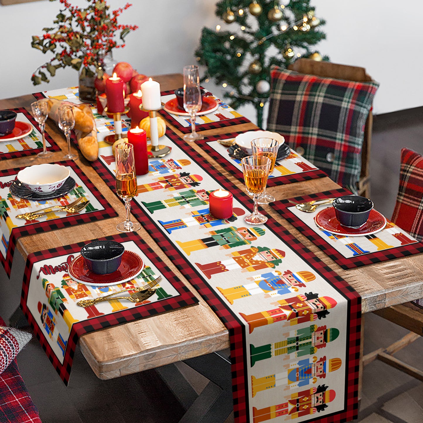 Christmas Nutcracker Soldier Table Runner with 4Pcs Placemats