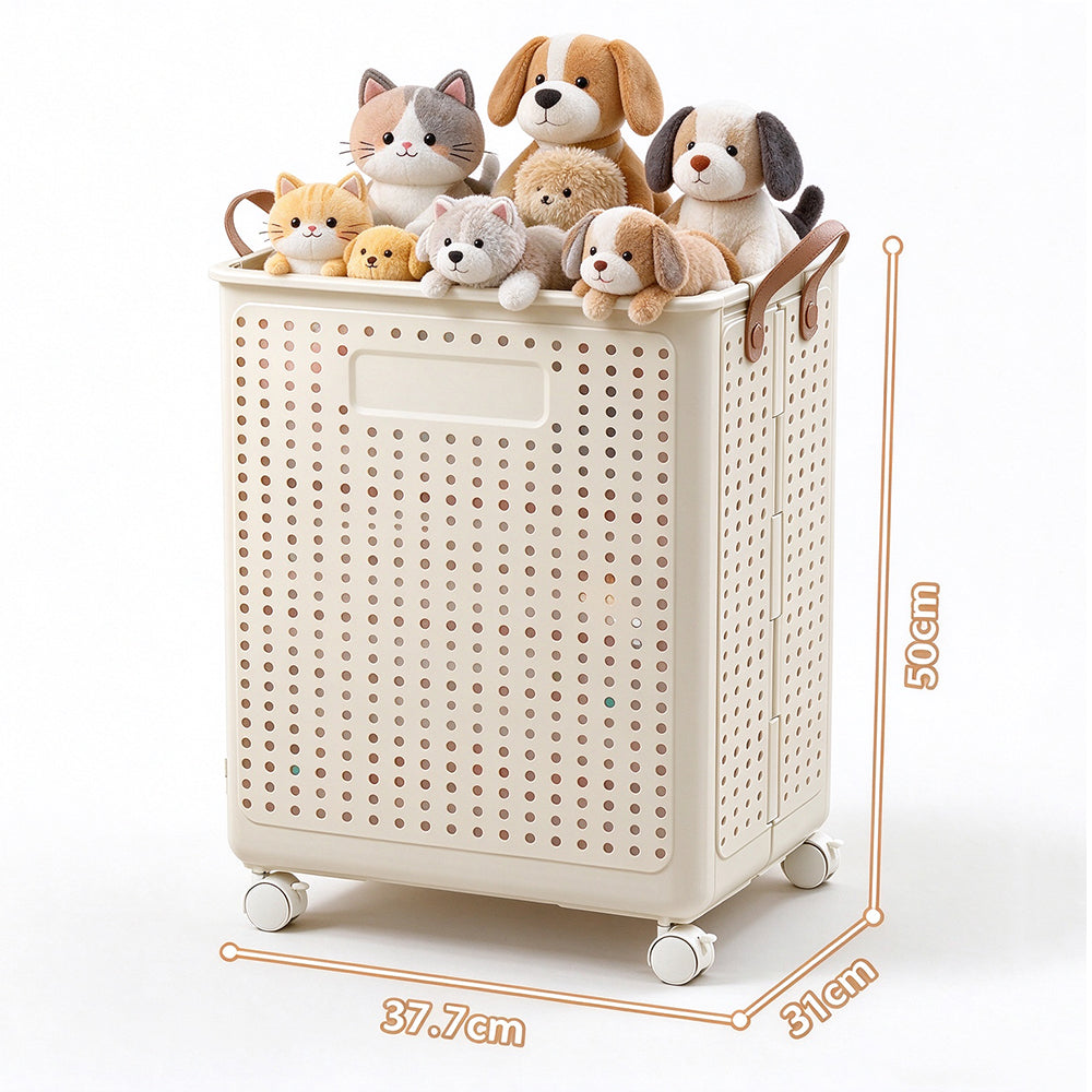 Folding Laundry Basket with Wheel Large Capacity Collapsible Clothes Storage Bin-Beige