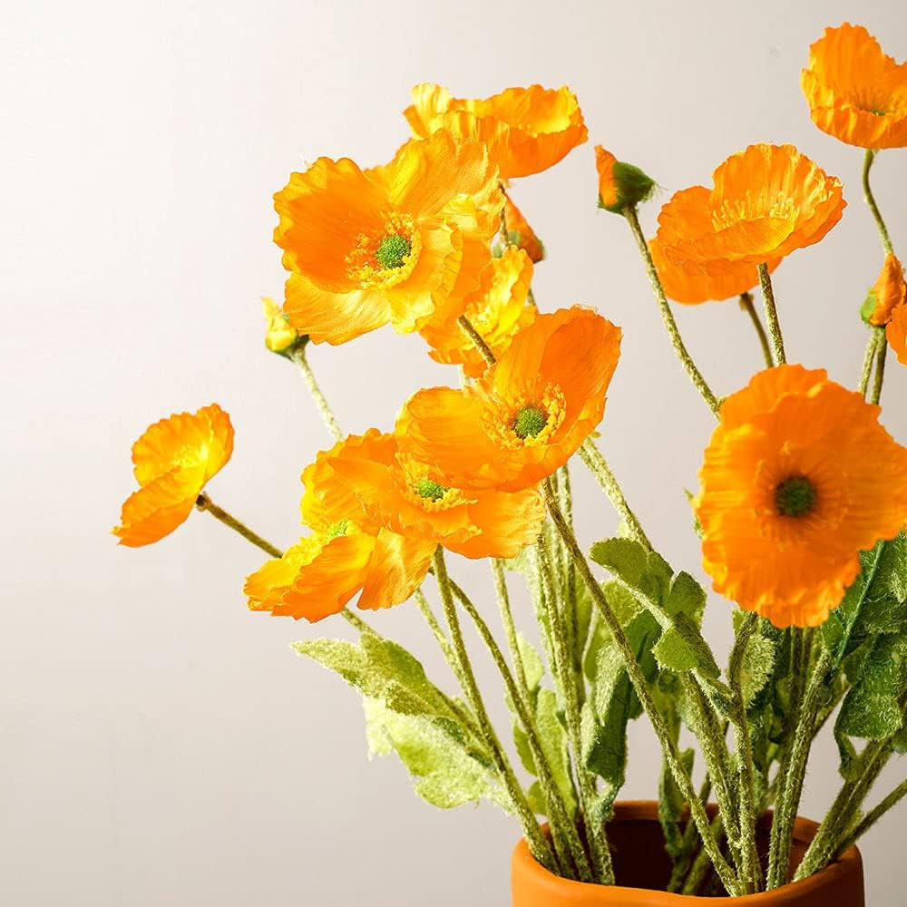 6Pcs 4 Head Artificial Poppy Flowers Papaver Rhoeas Flocking Stem Bouquet-White, Orange